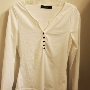 White Long Sleeve Button V-Neck